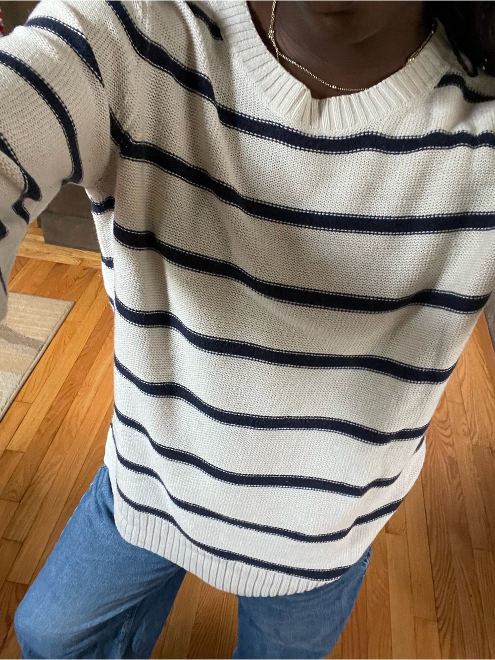 Old Navy White Crewneck Sweater with Navy Stripes - Picture 2 of 3